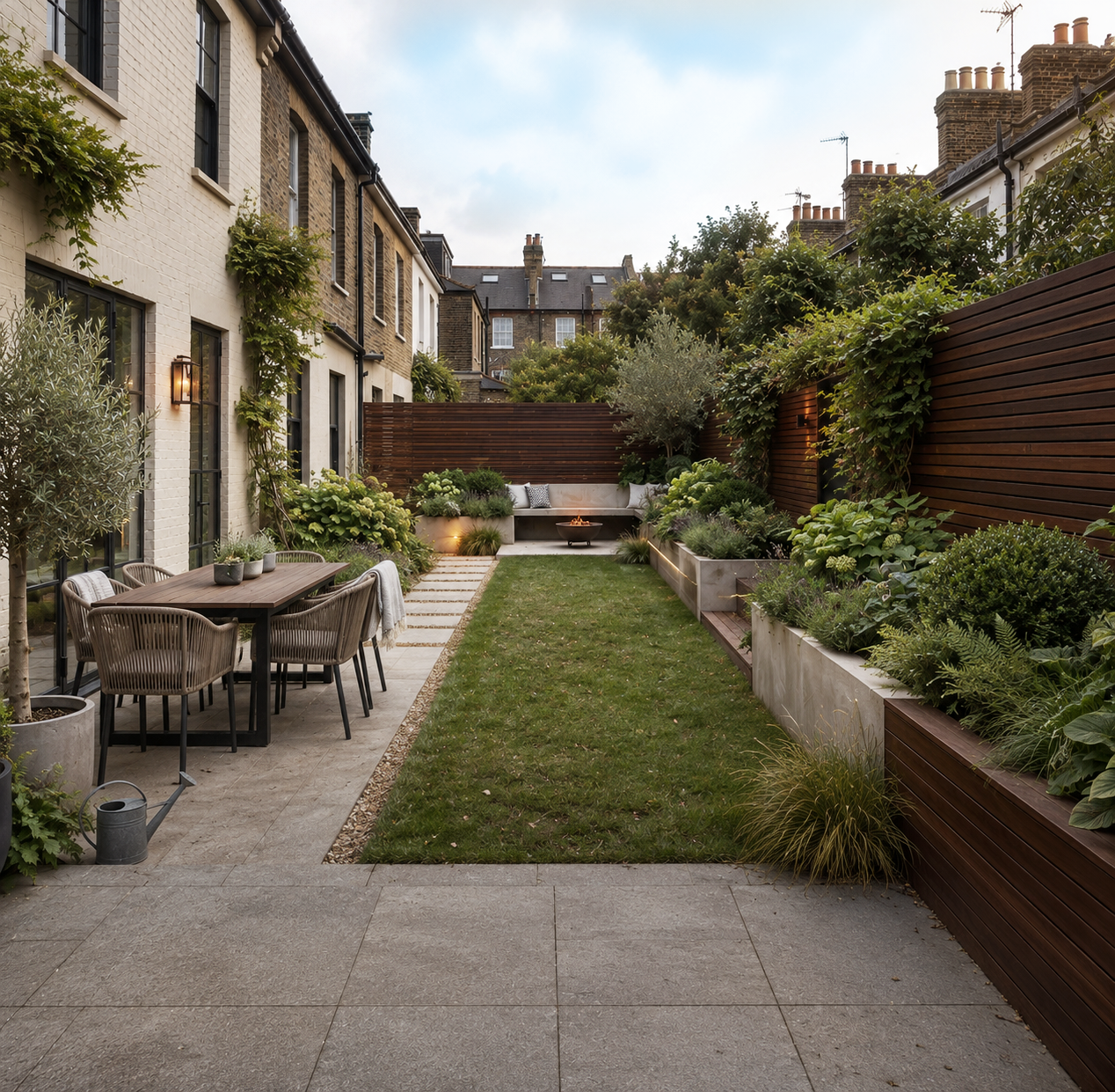 An illustrative concept of the same London garden after landscaping, with a new patio, planting and lawn