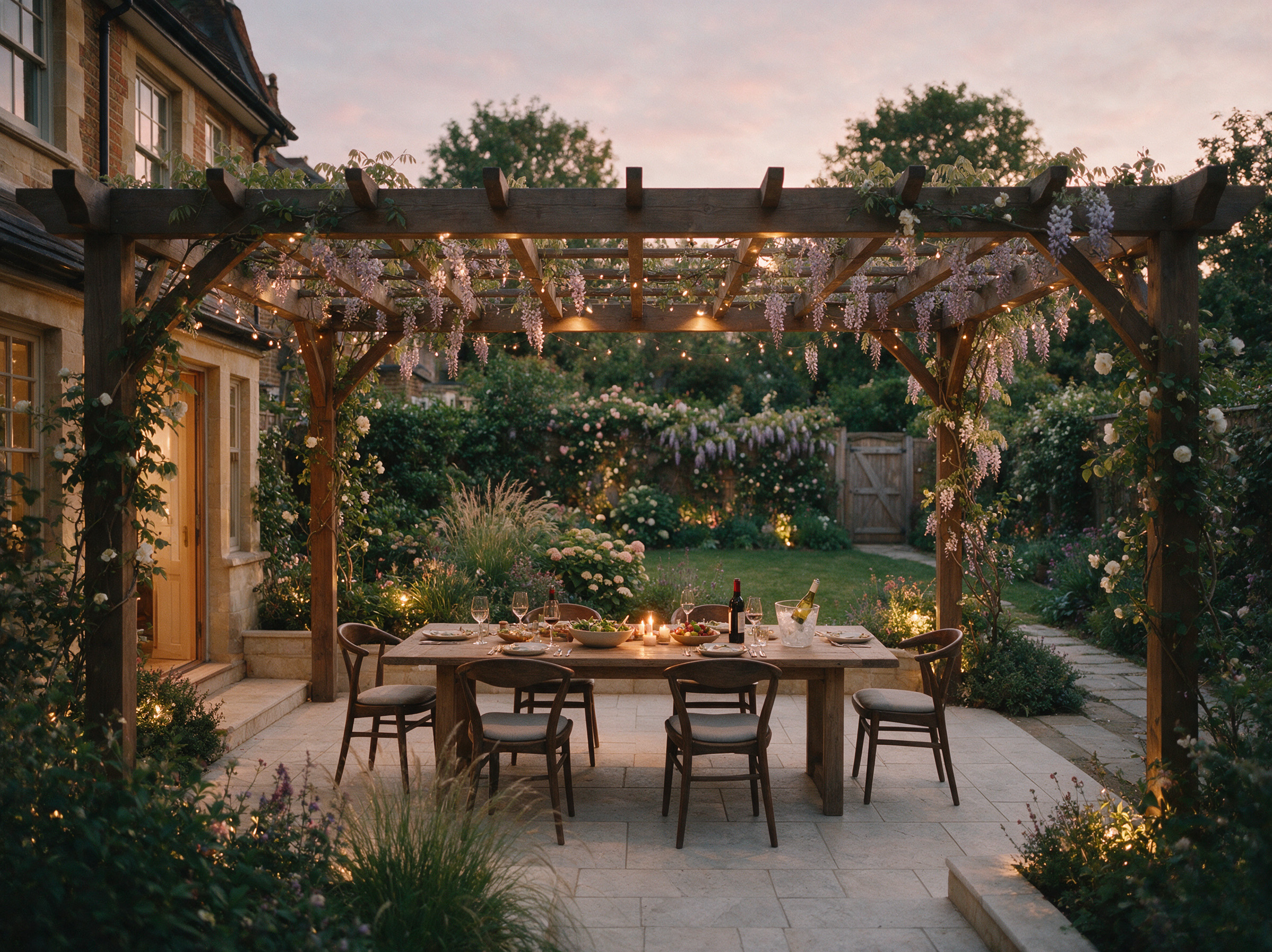 Illustrative pergola entertaining garden in Dulwich
