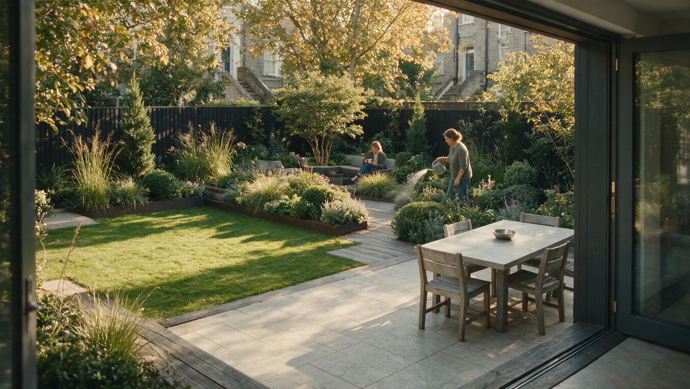London garden with patio dining area and soft planting, people enjoying the space