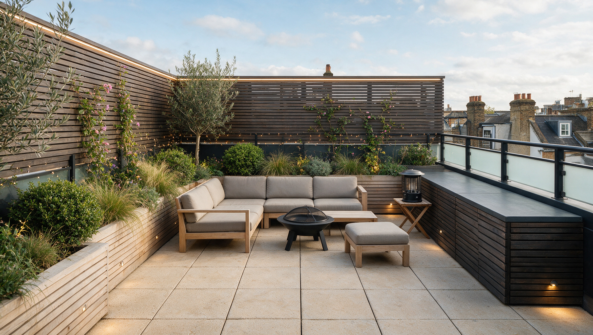 London roof terrace with teak sectional sofa, raised planters and city rooftop view