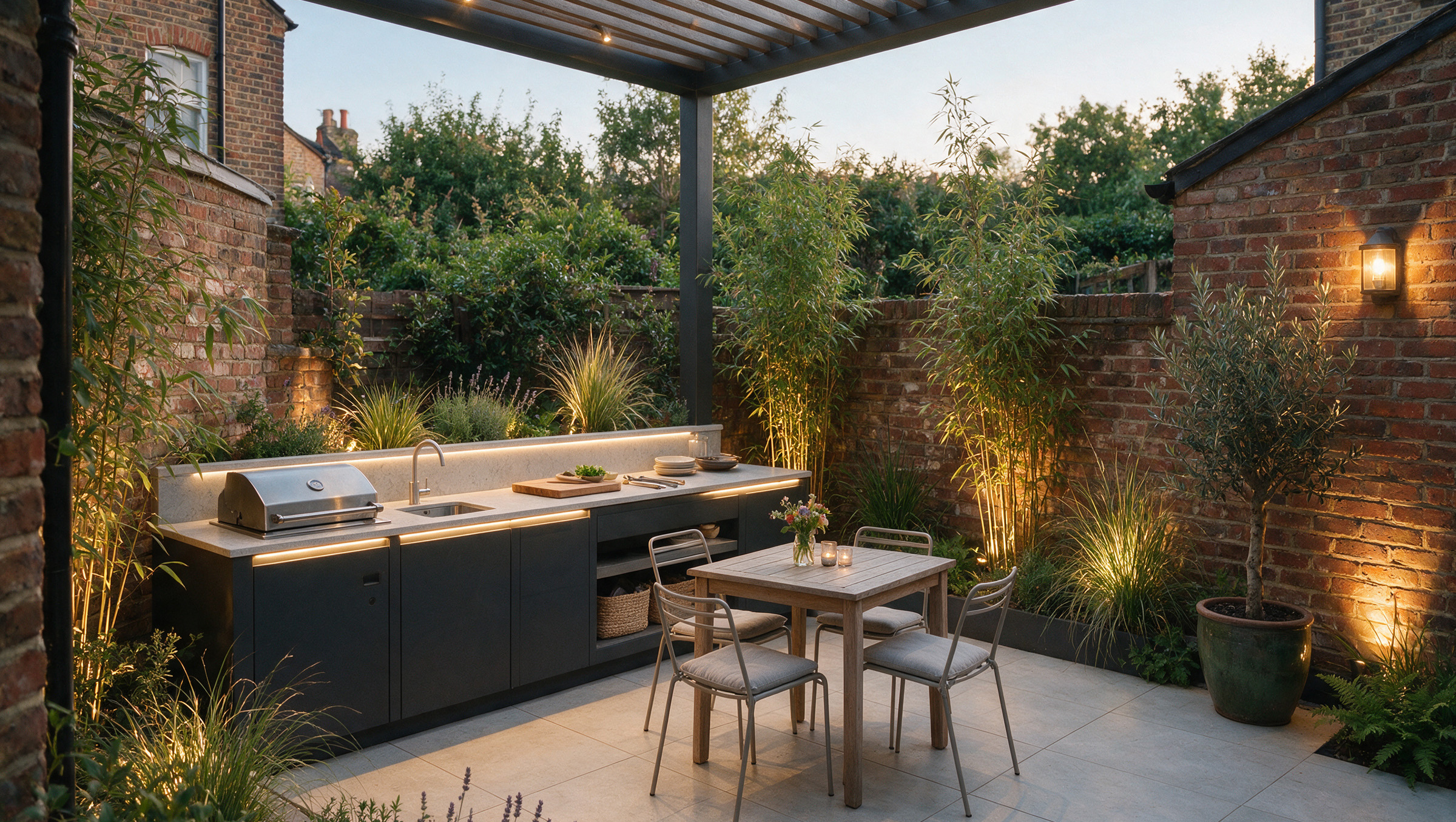 Outdoor kitchen with built-in BBQ grill and dining area in a walled London garden