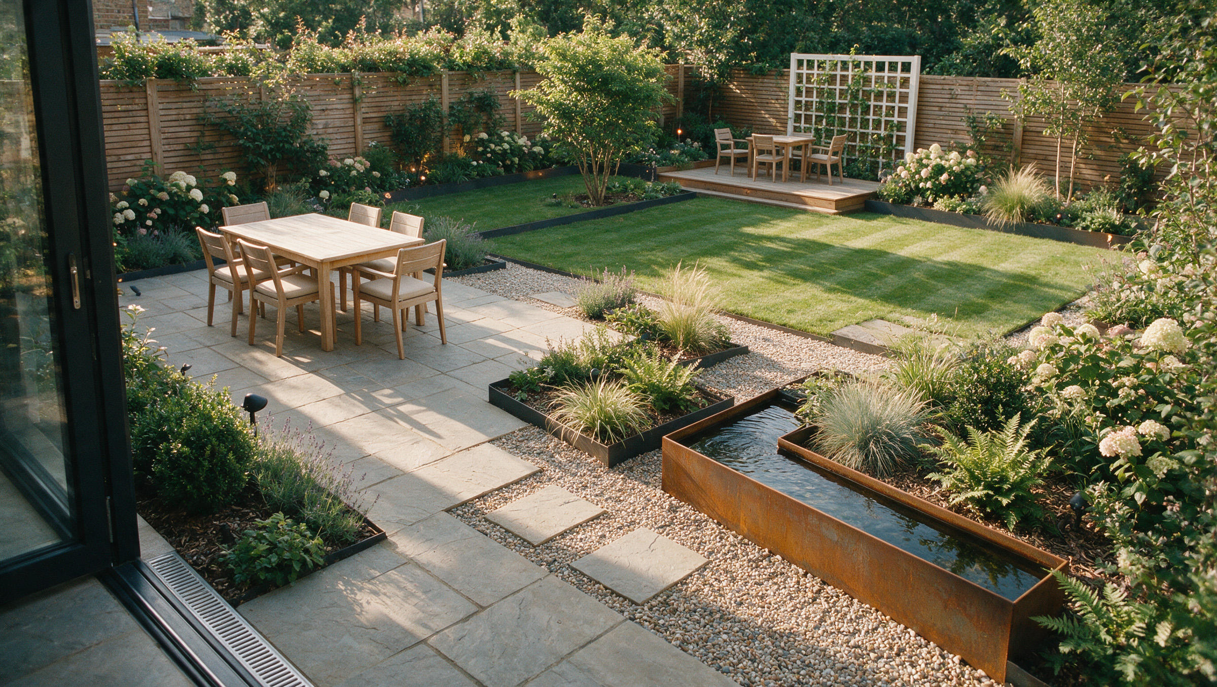 London garden with water feature, corten steel planters, gravel paths and lawn