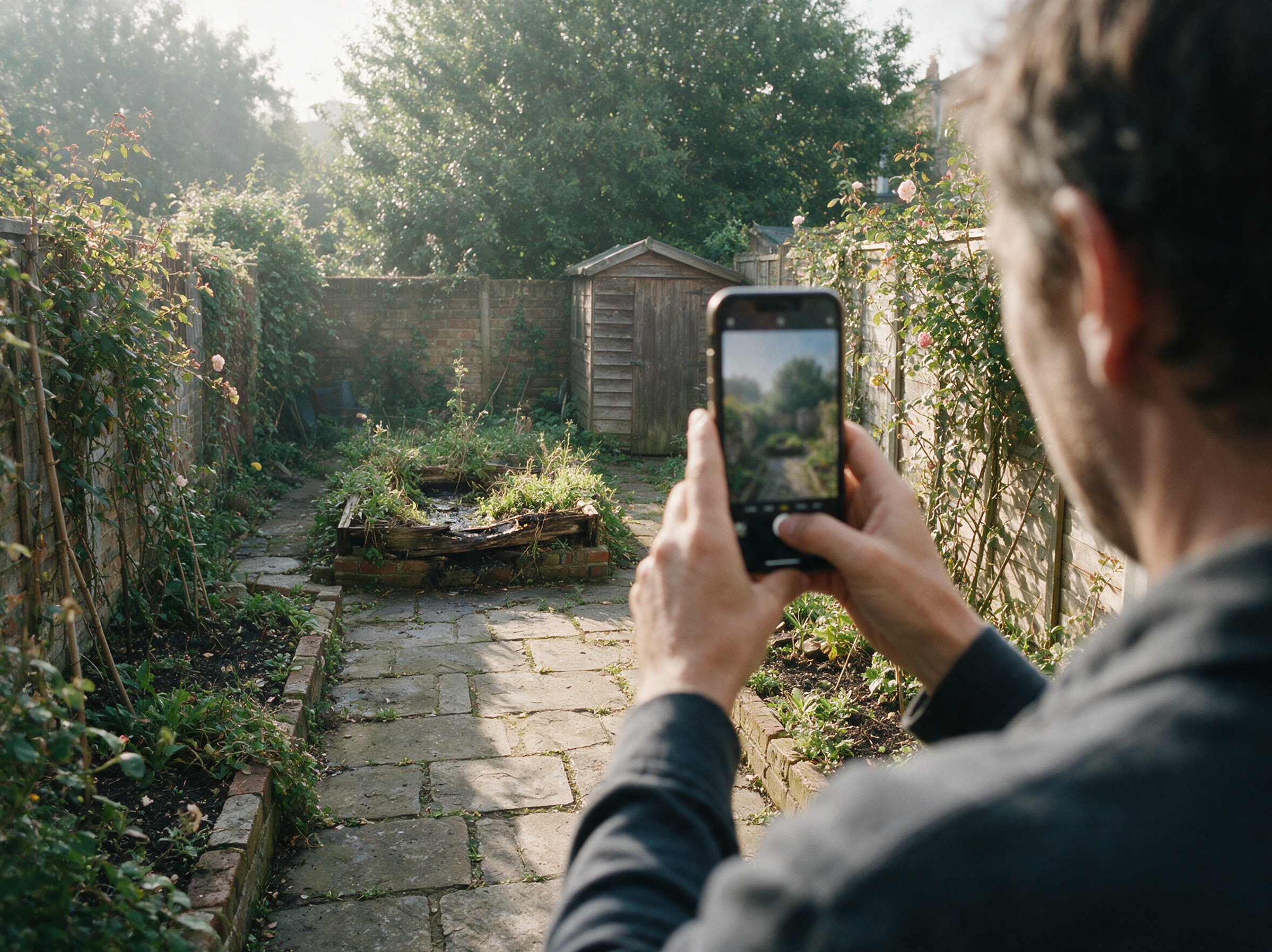 Homeowner photographing an existing garden for a Teera project brief