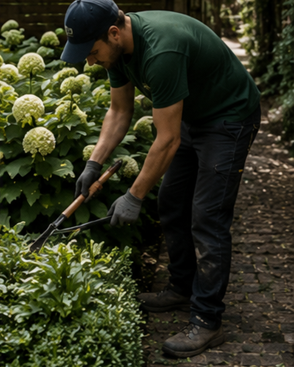 A landscape maintenance partner tending white hydrangeas along a cobbled garden path