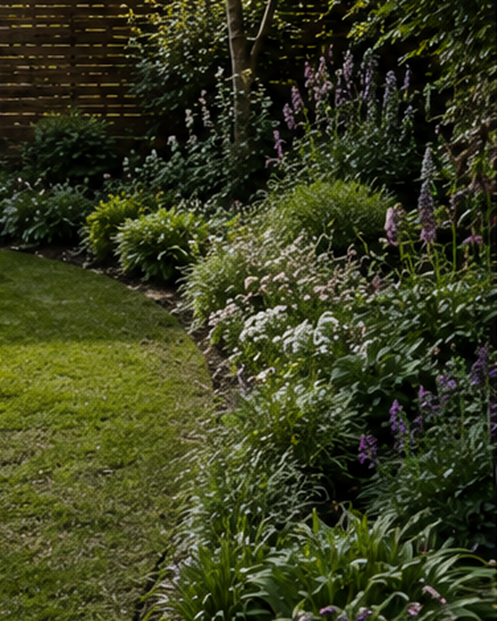 A densely planted garden border of flowering perennials beside a curved lawn